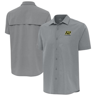  Ryan Blaney Antigua Activate Woven Short Sleeve Button-Up Shirt - Gray